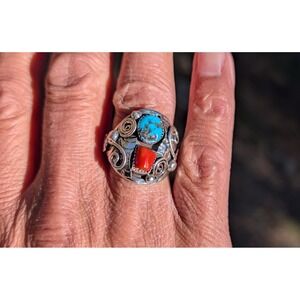 Navajo Men's Ring Sterling Silver Turquoise Coral by Lorena Brown sz 11.5 ***